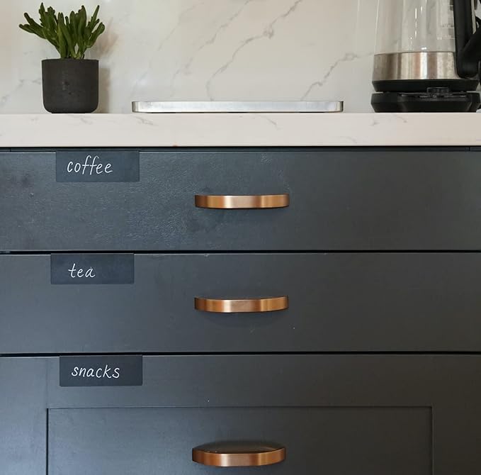Clip-On Metal Cabinet and Drawer Labels – Reusable Chalkboard Labels for Kitchen, Bathroom, Dresser Drawers. Durable. Polished Edge. No Residue.