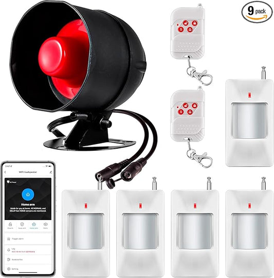 WiFi Alarm Security System, 120dB Home Alarm System with Free Notification APP Control and Motion Sensor and, WiFi Siren for Shed Garage Alarm