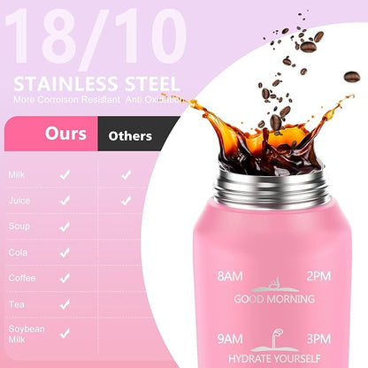 24oz Insulated Water Bottle with Straw and Spout Lids, 18/10 Stainless Steel 700ml Double Wall Vacuum Sports Water Jug, Leakproof Hydro Cup Flask for Men, Women & Kids PINK WHITE