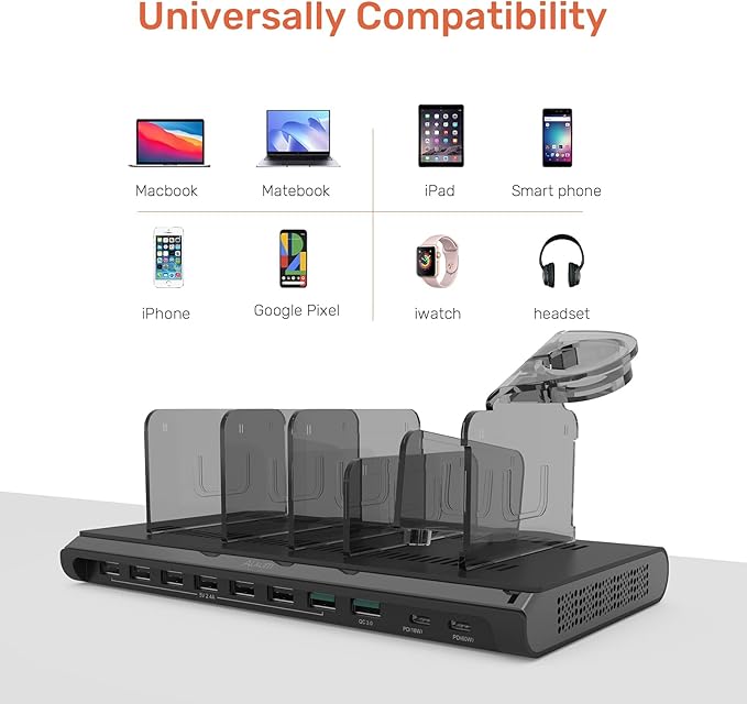 Alxum 120w 10 Port Charging Cradle with 6 USB-A Chargers 2 Qc3.0 2 PD 18W Fast Charging with Watch Stand Suitable for A Wide Range of Devices with Overvoltage, Overcurrent, and Overcharge Protection