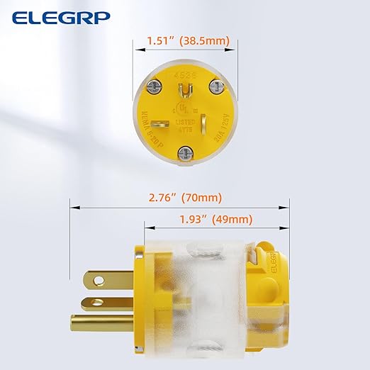 ELEGRP Lighted 20 Amp 125 Volt NEMA 5-20P 2 Pole 3 Wire Grounding Straight Blade Electrical Plug Replacement Cord Outlet Commercial Grade, Yellow, 5 Pack