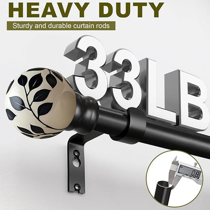 Ceramic Black Curtain Rods for Windows 72 to 144 Inches Adjustable Length Heavy Duty 1" Diameter Window Curtain Rod with Modern Leaf Pattern Decorative Finials for White-themed Bedroom Living Room