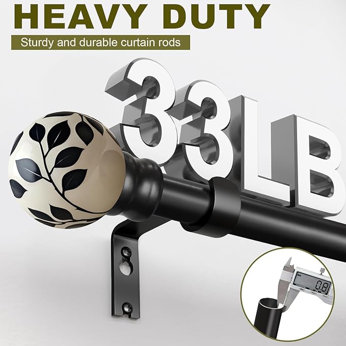 Ceramic Black Curtain Rods Set of 2 for Windows 48 to 84 Inches Adjustable Length Heavy Duty White Window Curtain Rod with Modern Leaf Pattern Decorative Finials for Bedroom Kitchen Living Room
