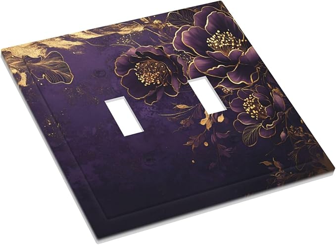 Decorative Light Switch Cover Plate Vintage Purple Peony Gold Leaf Flowers Floral 2 Gang Wall Plate Oversized Double Toggle Two Switch Wall Cover Plate Dual Device Electrical Face Plate