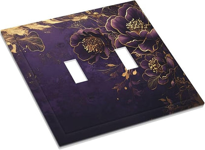 Decorative Light Switch Cover Plate Vintage Purple Peony Gold Leaf Flowers Floral 2 Gang Wall Plate Oversized Double Toggle Two Switch Wall Cover Plate Dual Device Electrical Face Plate