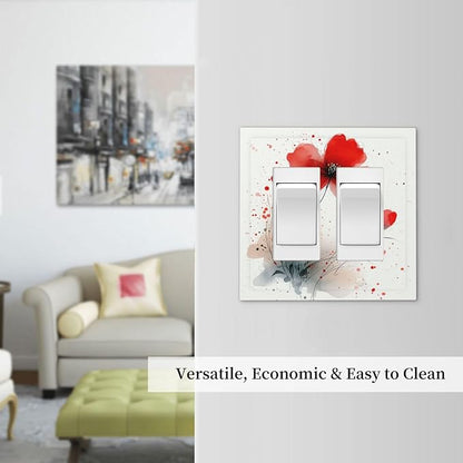 Vintage Watercolor Red Flowers Floral Decorative Outlet Covers 2 Gang Double GFCI Rocker Light Switch Cover Plate Electrical Wall Panels for Bedroom Bathroom Decor