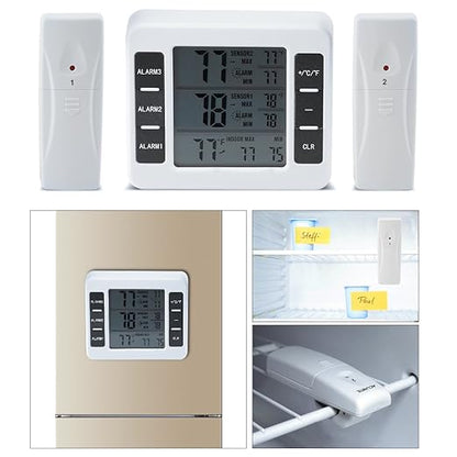 Fridge Thermometer, Digital Refrigerator Freezer Thermometer Monitor with 2 Sensors with Audible Alarm, for Indoor and Outdoor Use, Easy to Read LCD Display
