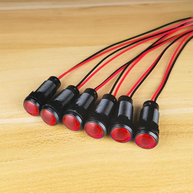 6pcs Red LED Indicator Pilot Light AC/DC 12-24V Mounting Hole Size 10mm(Flame Retardant Plastic Shell)