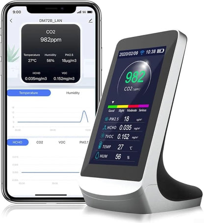 FABULETTA DM72B Air Quality Detector Meter with 8-in-1 Sensors for PM2.5 CO HCHO TVOC Temperature Humidity Real-Time Industrial Monitoring with Data Storage