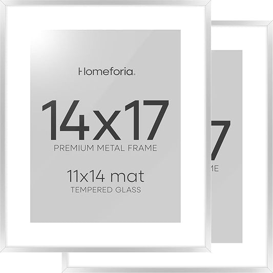Homeforia Silver 14x17 Picture Frame, High End Metal 14 x 17 Frame with Mat 11 by 14 in Photo, 14x17 Silver Poster Frame Matted to 11x14 Print, 17x14 Hanging Frames, Tempered Glass, Wall Kit, Set of 2