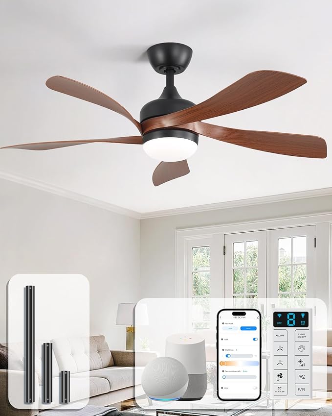 Sofucor 45" Smart Ceiling Fan, Indoor/Outdoor Ceiling Fans with Lights and Remote, Work with Alexa/Google/App, 3-Color Light 6-Speed Timing Reversible DC Motor for Bedroom Living Room Patio