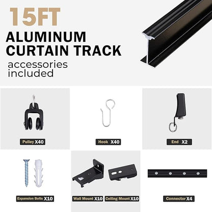 Aluminum Ceiling Curtain Track Set with Hooks Ceiling Mount and Wall Mount Room Divider Sliding Curtain Tracks Rods Flexible Heavy Duty Curtain Rail Hook Sets,Black,15FT