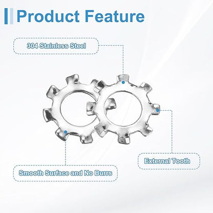 uxcell 100Pcs 10# External Tooth Lock Washer, 304 Stainless Steel Multi-Tooth Star Washer Locking Fastener, Silver Tone
