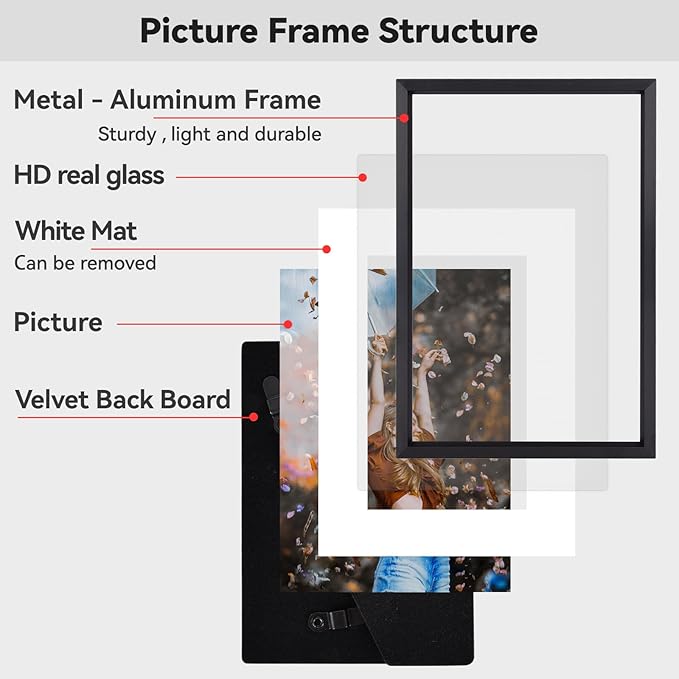 4x5 Picture Frame, Black Aluminum Metal Photo Frames with HD Glass, Fits 3x4 with Mat or 4 x 5 without Mat, Display for Wall and Table