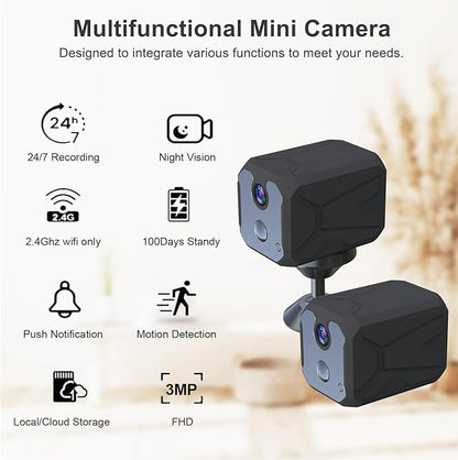 ZHENHAN 1440P HD Mini Wireless Camera Indoor Security Rechargeable Camera Motion Detection, Night Vision, 100-Day Battery, Cloud/SD Storage & App Control Nanny/Pet/Baby Monitor(Black)
