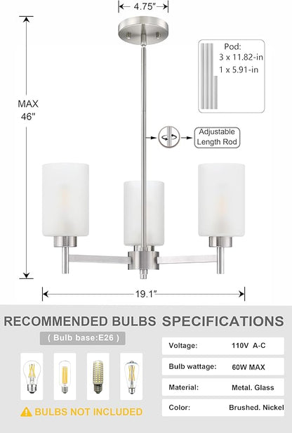 Doraimi Lighting 3 Light Chandelier Frosted Glass Shade Classic Style Ceiling Pendant Light Fixture Brushed Nickel Finish for Meeting Room Dining Room Over Table Living Room