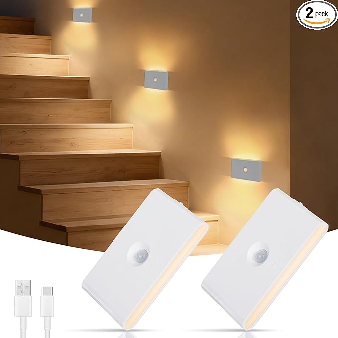 Motion Sensor Night Light, Rechargeable Battery Night Light, 2700K-6500K Magnetic/Stick-on Closet Lights, Dimmable Stair Lights for Bedroom Kitchen Hallway Stairs (2 Pack)