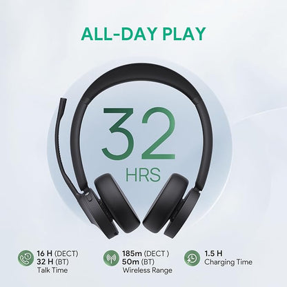 Yealink WH64 DECT & Bluetooth Dual Teams Wireless Headset, 606 ft Range On Ear Work Headphones with 3X Noise Cancelling Mic, 32H Talk Time, Ringer, Office Headsets for Desk IP Phone, PC,Cellphone