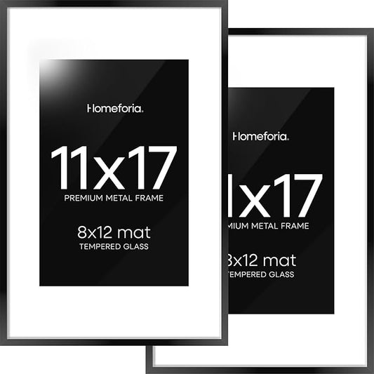 Homeforia 11 x 17 Picture Frame Black, High End Metal 11x17 Poster Frames with Mat 8x12 for Photo, 11 x 17 Black Frame Matted to 8 x 12 inch Print, 17x11 Thin Frame, Tempered Glass, Wall Kit, Set of 2