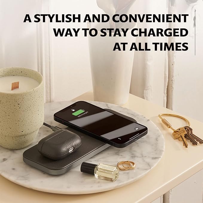 Courant Catch:2 Classics - Italian Leather Dual Wireless Charging Pad - Compatible with iPhone 11, X, SE, Galaxy S23, S22, S21, S20, Note, AirPods, AirPods Pro (Black)