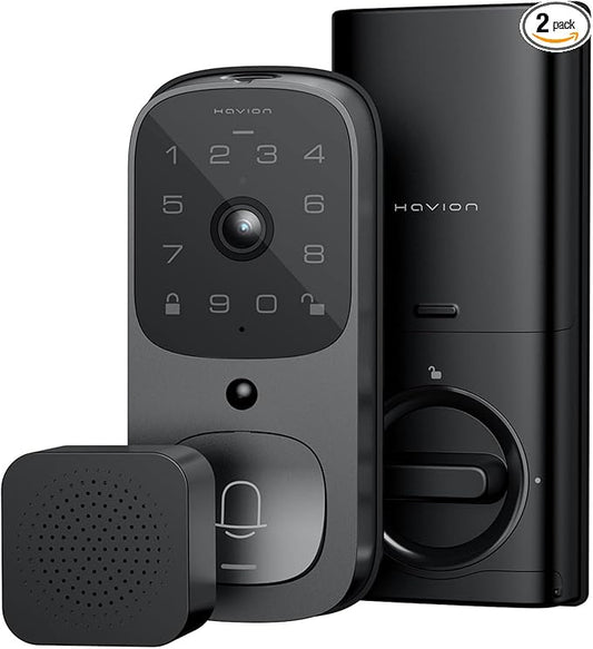 Havion Deadbolt Smart Lock w/Camera - Incl. Chime, 3-in-1 Wi-Fi Deadbolt+Camera+Video Doorbell Keyless Fingerprint Lock for Entry Front Door, 32GB eMMC, 10000mAh, 2K QHD & 170° View
