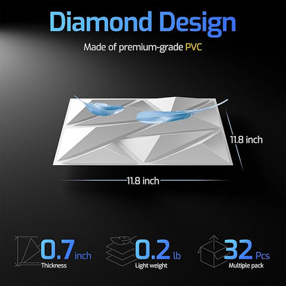 32 Pack White 3D Wall Panels for Interior Wall Decor, 11.8'' x 11.8'' Decorative Wall Panels, Accent Wall Panels, 3D Diamond Design Wall Decor for Living Room, Bedroom, Gaming Room