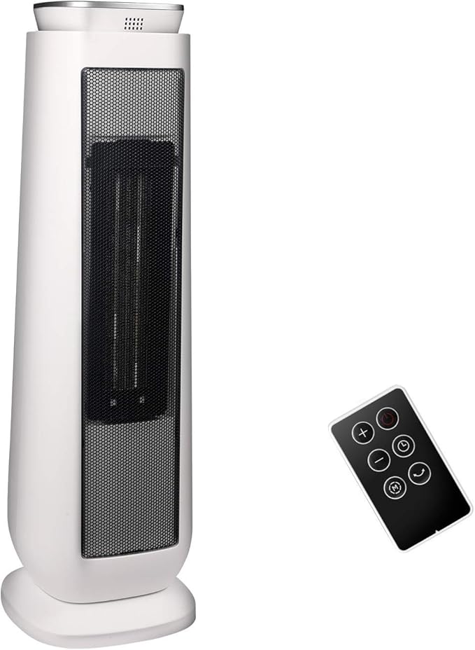 PELONIS 23” Oscillating Ceramic Tower Space Heater with Remote & Thermostat, Electric Energy Efficient Floor Heater for Indoor Use Large Room Safe with Timer, ECO Mode, 1500W, White