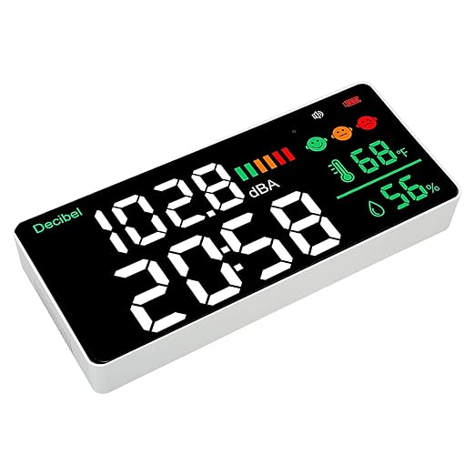 Decibel Meter Sound Level Reader, 11 Inch LED Display with Time Temperature Humidity, 30-130db Range - Sensor, Adjustable Brightness, USB Rechargeable for Home of