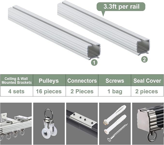 ZSHINE Curtain Single Tracks Ceiling or Wall Mounting Heavy-Duty Curtain Rails for Living Room Bedroom Room Divider (White, 6.6ft)