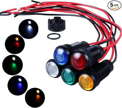 5pcs 10mm LED Indicator Light Plastic Black Signal Dot Lamp 110-220VAC 2/5" Mounting Hole Size with 15cm/5.9in. Wire (Mix:Red White Yellow Blue Green)