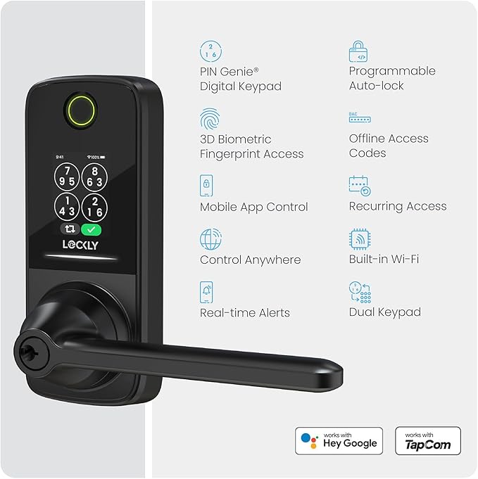 Lockly Smart Lock Secure Pro (2025 Latest Version),Fingerprint Door Lock, Keyless Entry, Built-in Wi-Fi Latch, PIN Genie Keypad (Black)