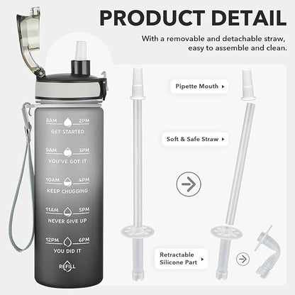 Enerbone Water Bottle, Leakproof BPA & Toxic Free, Motivational Water Bottle with Times to Drink and Straw, Fitness Sports Water Bottle with Strap for Office, Gym, Outdoor Sports