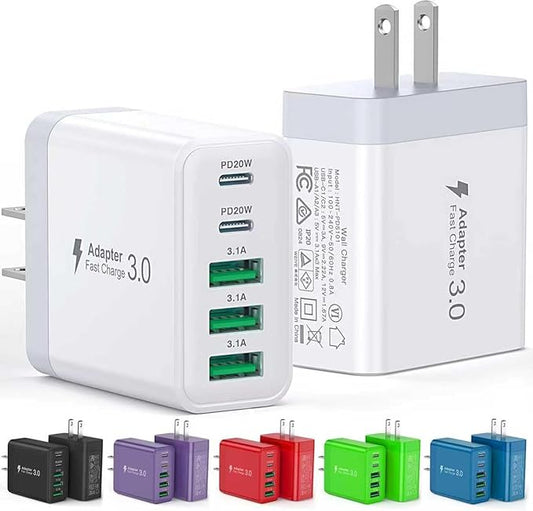 [2-Pack] USB C Wall Charger, 60W Fast USB C Charger Block, 5-Port PD Power Adapter + QC Wall Plug Multiport Type C Charging Block Cube Compatible with iPhone 17 16 15 14 13 12 Pro Max XR XS, Tablets