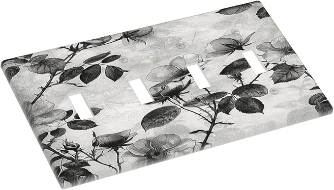 Light Switch Covers Black Breezy Watercolor Garden Floral Quad Toggle Electrical Faceplate 4 Gang Wall Plate Decorative Switch Plates for Bedroom Home Decor