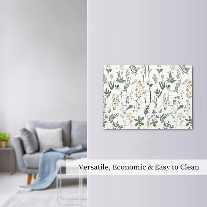 Decorative Switch Plates Floral Green Leaf Plant Flowes 3 Gang Wall Plate Triple Toggle Light Switch Cover Faceplate Electrical Wall Panels For Bed Room Farmhouse Decor