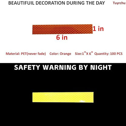 Non Fading Orange Reflective Stickers 1 inch X 6 inch, Outdoor Waterproof High Visibility Warning Safety Adhesive Reflector Tape (100 Pcs)