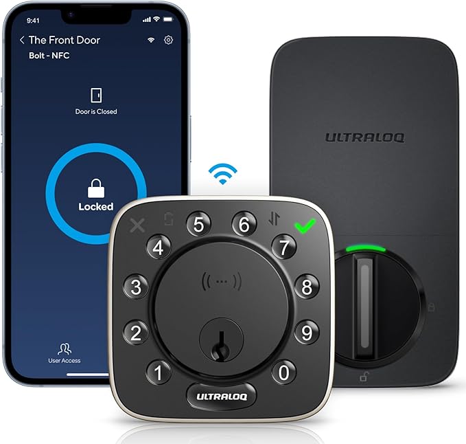 ULTRALOQ Bolt NFC Smart Lock with Android Phone Tap to Unlock, Built-in WiFi Keyless Entry Door Lock with Door Sensor, App Remote Control, Auto-Lock/Unlock, IP65 Waterproof, BHMA Certified