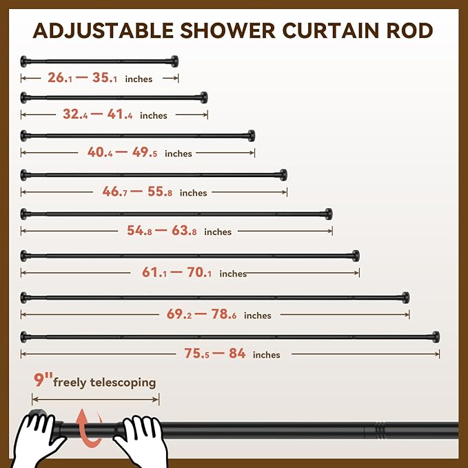 YASONIC Shower Curtain Rod 26-84 Inch, 1 Inch Diameter Tension Curtain Rods No Drilling, Black Shower Rods for Bathroom, Spring Loaded Curtain Rods Adjustable, Anti-Rust Non-Slip Easy Installation