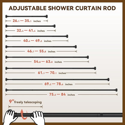 YASONIC Shower Curtain Rod 26-84 Inch, 1 Inch Diameter Tension Curtain Rods No Drilling, Black Shower Rods for Bathroom, Spring Loaded Curtain Rods Adjustable, Anti-Rust Non-Slip Easy Installation