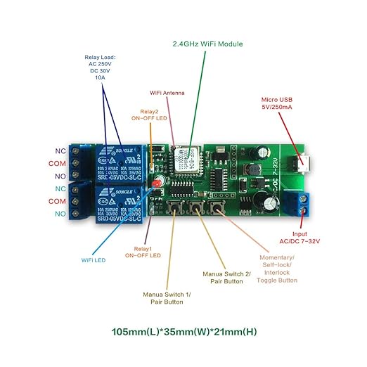 WiFi Wireless Smart Switch Relay Module for Smart Home 5V 5V/12V，Ba Applied to Access Control, Turn on PC, Garage Door (2CH WiFi Inching Relay)
