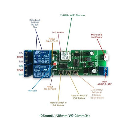 WiFi Wireless Smart Switch Relay Module for Smart Home 5V 5V/12V，Ba Applied to Access Control, Turn on PC, Garage Door (2CH WiFi Inching Relay)