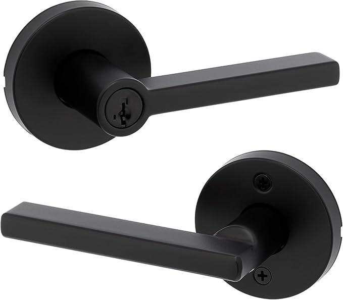 Kwikset Halifax Keyed Storeroom Entry Door Handle with Lock and Key, Secure Keyed Reversible Lever Exterior, Front Entrance and Bedrooms, Matte Black, Pick Resistant SMT Rekey Security and Microban