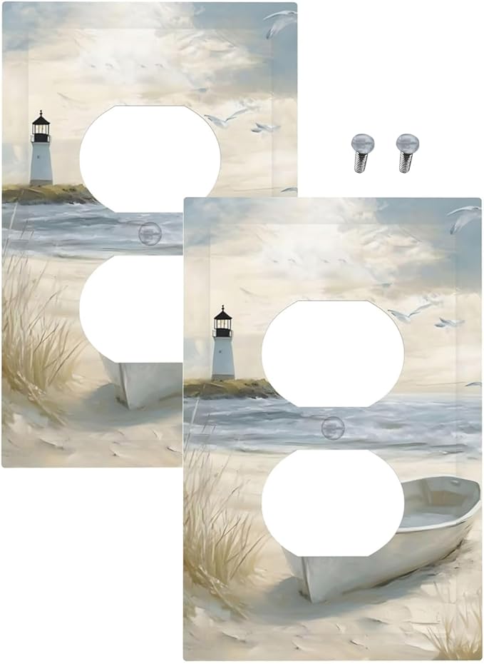 Decorative Outlet Covers Seascape Painting with Lighthouse Boats 1 Gang Duplex Light Switch Cover Plate Unique Wall Plates Switch Plate Cover for Bedroom Home Decor（2 Pack）