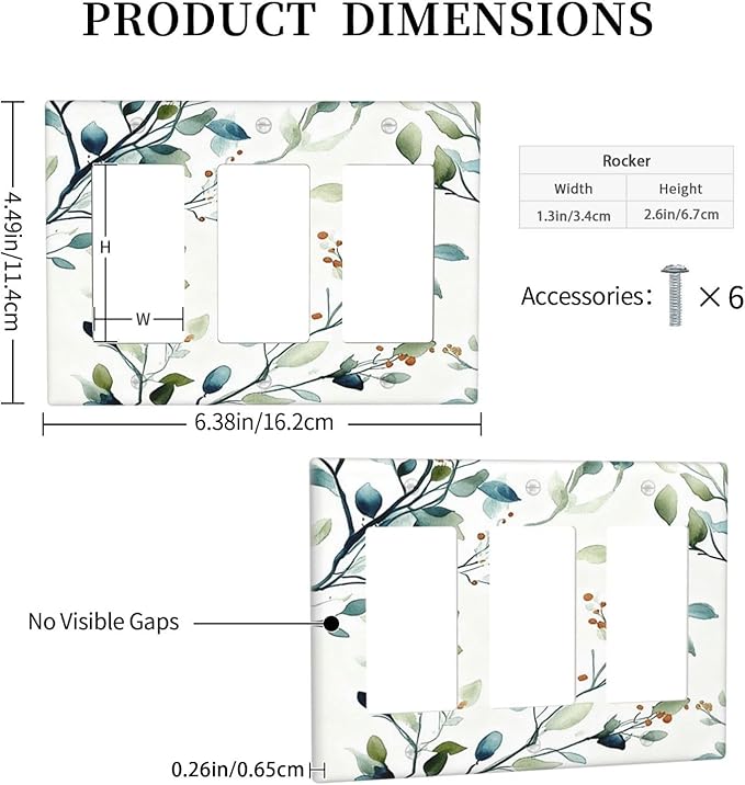 Decorative Outlet Covers Rustic Eucalyptus Leaf Geen Sage Leaves 3 Gang Light Switch Cover Plate Triple Rocker Wall Plates for Electrical Outlets Switch Plate Covers for Bedroom Home Decor