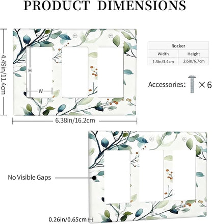Decorative Outlet Covers Rustic Eucalyptus Leaf Geen Sage Leaves 3 Gang Light Switch Cover Plate Triple Rocker Wall Plates for Electrical Outlets Switch Plate Covers for Bedroom Home Decor