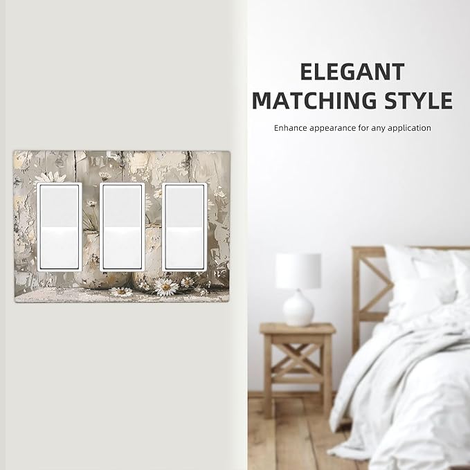 Light Switch Covers Vintage Rustic Floral White Daisy Flower Oil Painting Style 3 Gang Rocker Electrical GFCI Decorative Triple Outlet Wall Plate Cover Switchplate for Home Farmhouse Decor