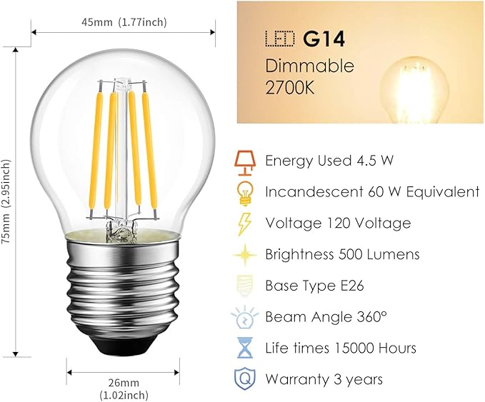 LVWIT G14 LED Filament Globe Bulb 4.5W(60W Equivalent), Dimmable 2700K Warm White Light E26 Screw Base, Decorative Edison Light Bulb, UL-Listed(6-Pack)