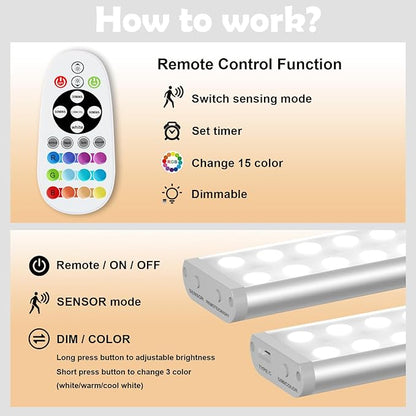 SZOKLED 58-LED Under Cabinet Lighting Wireless, RGB Motion Sensor Night Lights with Remote, 1100mAh Magnetic Under Cabinet Lights for Kitchen, Shelf, Stair, 15 Color (4 Pcs)