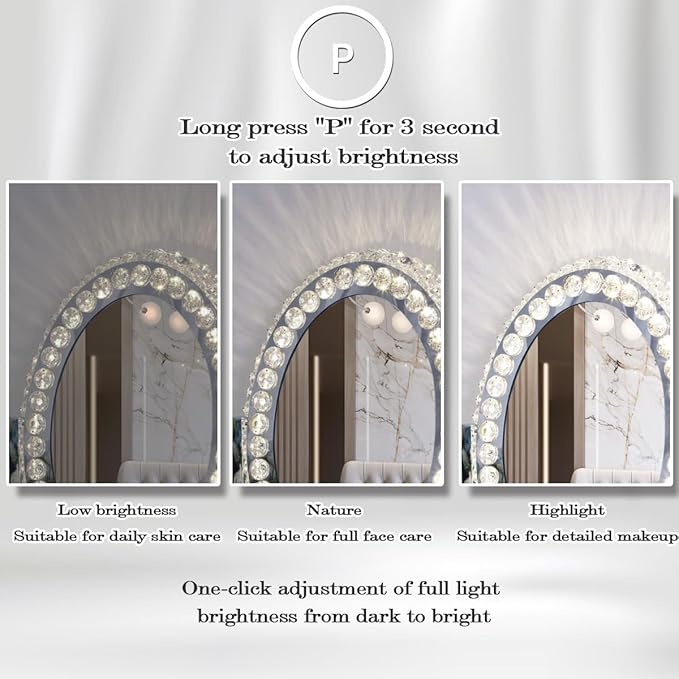 Hollywood Oval Crystal Vanity Mirror with Lights 3 Color Dimmable Large Oval Crystal Lighted Makeup Mirror for Tabletop Desk Vanity Mirror with Lights 360°Rotation Smart Crystal Oval LED Makeup Mirror