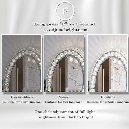 Hollywood Oval Crystal Vanity Mirror with Lights 3 Color Dimmable Large Oval Crystal Lighted Makeup Mirror for Tabletop Desk Vanity Mirror with Lights 360°Rotation Smart Crystal Oval LED Makeup Mirror